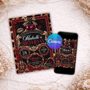 May include: A birthday invitation with a black background, gold accents, and a leopard print border. The invitation includes the text "Michelle's Birthday" and event details. A smartphone displays the same design.