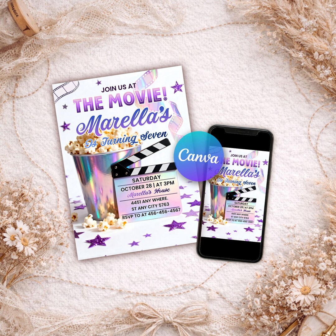 Movie Night Birthday Invitation Editable Canva Template, Cinema Party ...