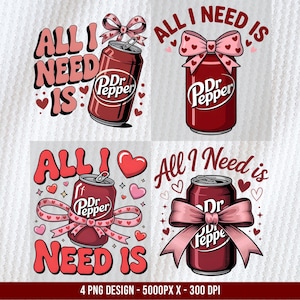 以下が含まれることがあります： バレンタインデーをテーマにした、リボンと「All I Need Is」の文字が入ったDr. Pepperの缶のデザイン4種類。缶は赤色でDr. Pepperのロゴ入り、テキストはピンク色のレトロフォントです。ハートとリボンがデザインを飾っています。
