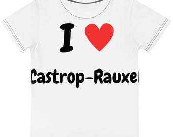 May include: White t-shirt with the text "I ♥ Castrop-Rauxel" in black and red. The shirt features a black "I" followed by a red heart symbol, and the city name in a bold, black font.