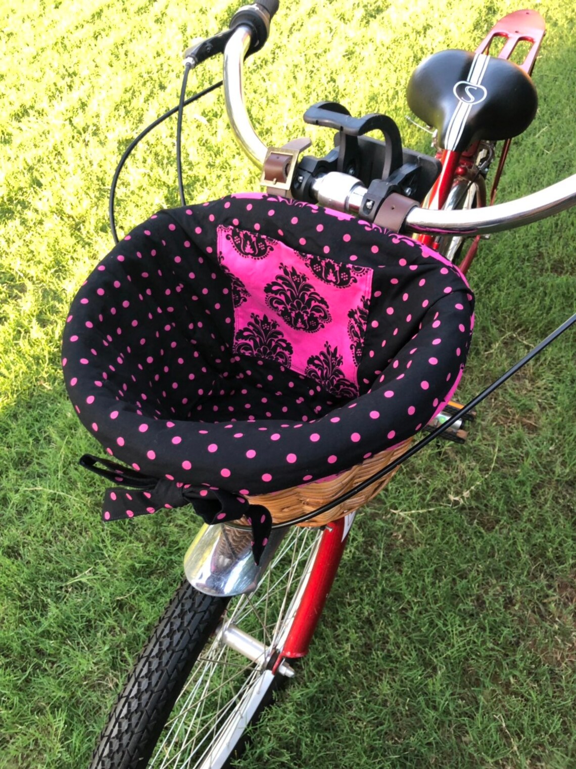 Bike basket liner in polka dot and pink damask For half basket Etsy