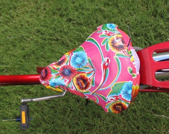 Oilcloth Bicycle Seat Cover- Bright Pink Bloom For Beach Cruiser Saddles