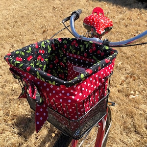 Polkadot and Cherry Red and Black Bicycle Basket Liner  for Electra Sunlite Mesh, Wire or Wicker Cruiser Bike Baskets