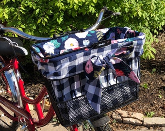 Reversible Floral Bike Basket Liner: Navy Buffalo Check, Cup Holder