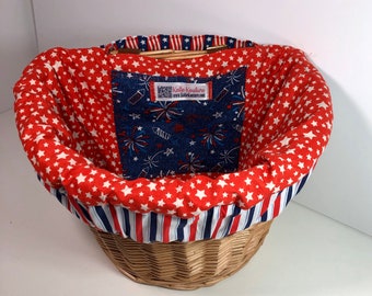 D shape Bike Basket liner in  Stars and Stripes for Memorial Day, Labor Day, 4th of July  Fits  D Shaped  wicker Bicycle Baskets