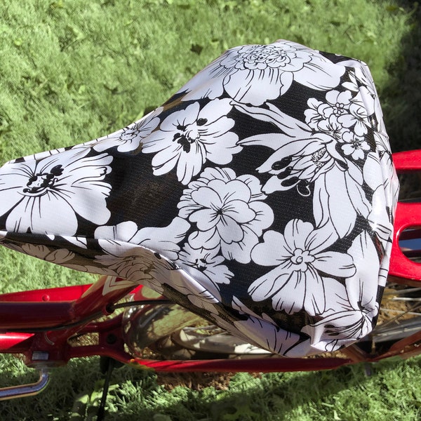Fahrradsitzbezug - Wasserdichtes Wachstuch-Schwarz und Weiß Hibiscus Hawaii Sattel Cover- für Cruiser Bikes