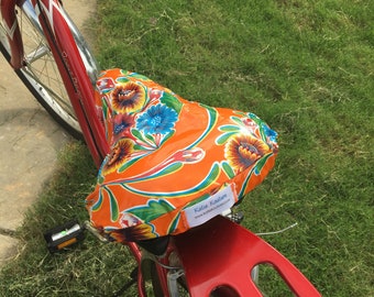Cruiser Bike Seat Cover in Orange Bloom Bicycle Seat Cover- Saddle Cover- Waterproof oilcloth