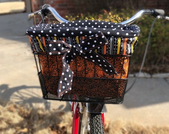 Reversible Fall Halloween Bike Basket Liner: Pumpkin Glitter, Polka Dot Trim