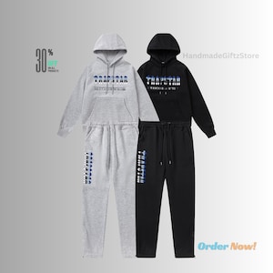 Handgefertigter Unisex Trainingsanzug mit Jogginghose in Grau und Schwarz Farbe Print, Geschenk für alle