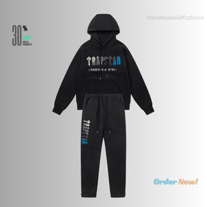Beautiful Amazing Handmade Unisex Hoodie Tracksuit with Sweatpant in Black Color with white and blue Print Gift For All