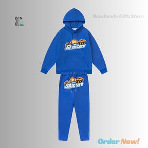 Handmade Blue Hoodie Tracksuit with Stylish Print Unisex Loungewear Gift for Everyone