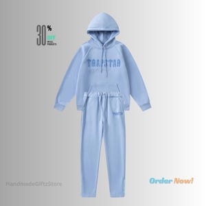 Beautiful Amazing Handmade Unisex Hoodie Tracksuit with Sweatpants in Sky Blue Color with Print Gift For All