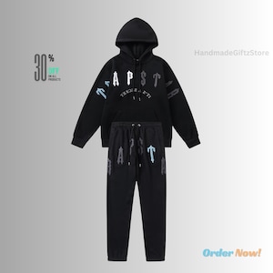 Schöner handgemachter Unisex Hoodie Trainingsanzug mit Jogginghose in schwarzer Farbe, Druck Geschenk für alle