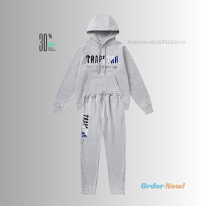 Handgefertigter Unisex Hoodie Trainingsanzug mit Jogginghose in Grau Farbe Print, Geschenk für alle