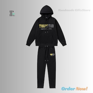 Handmade Black Hoodie Sweatpant with Print Yellow and White Unisex Loungewear Set