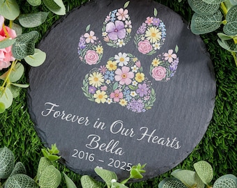 Personalized Slate Pet Memorial Stone, Floral Paw Print Grave Marker, Outdoor Garden Plaque