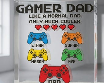 Bloque acrílico personalizado para gamers: decoración de escritorio con nombres personalizados para papás aficionados a los videojuegos.