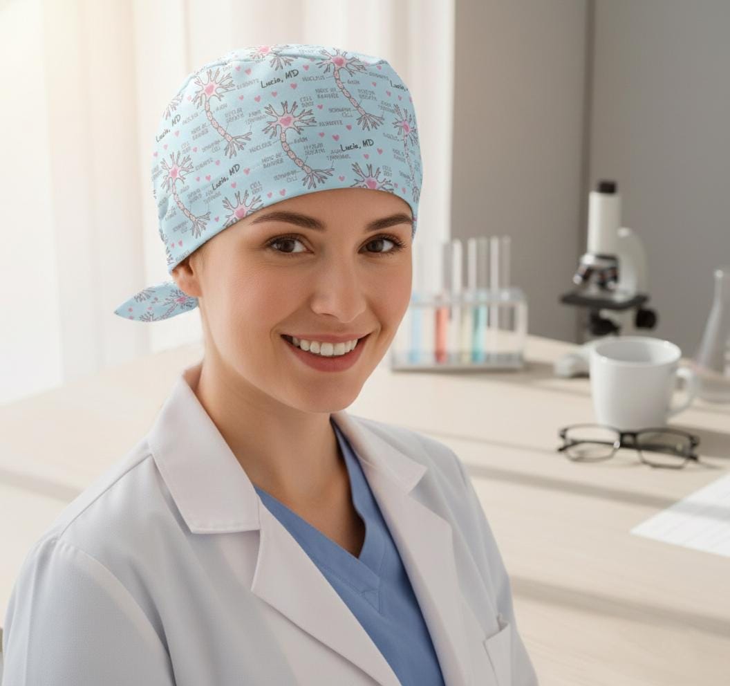 Neuron Cap Neuroscience Scrub Cap: Neuron Pattern, Adjustable Tie, Unisex Medical ...