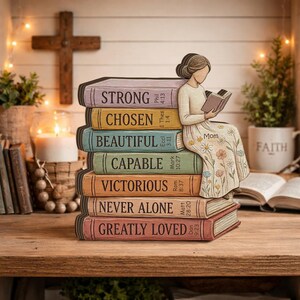 Gepersonaliseerde moeder houten boekstapel decor christelijk geschrift cadeau geloof huisbord