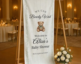 Teddy Bear Baby Shower Banner Personalized Linen Backdrop Neutral Bear Theme