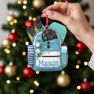 Può includere: Un ornamento natalizio a forma di zaino blu con il nome "Mason" sopra. L'ornamento è decorato con occhiali, una cuffia da nuoto, una bottiglia d'acqua e altri accessori per il nuoto. Una fila di luci colorate è avvolta attorno all'ornamento.