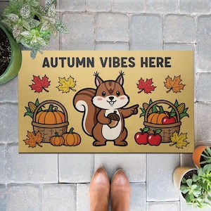 Autumn Squirrel Welcome Mat: Fall Porch Decor, Non-Slip Doormat
