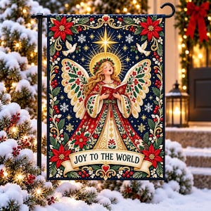 May include: A rectangular garden flag featuring a central illustration of an angel with blonde hair and wings, holding an open book. The dark blue background is decorated with poinsettias, holly, doves, and a star. The text reads JOY TO THE WORLD.