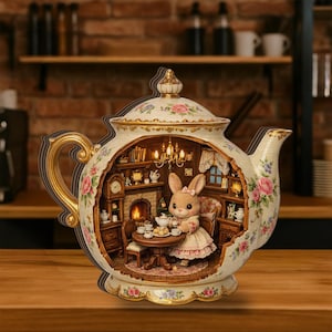 May include: A decorative teapot with a detailed interior scene featuring a bunny character seated at a table. The teapot is cream-colored with floral patterns and gold accents. The interior depicts a cozy room with a fireplace and miniature furniture.