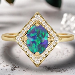 Unique Oval Cut Black Opal Ring Rose Gold Opal Gemstone Engagement Ring Vintage Moissanite Wedding Bridal Ring Promise Anniversary Gift Ring