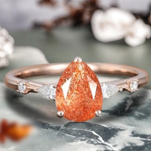 Natural Sunstone Engagement Ring Sunstone Wedding Ring Orange Pear Cut Sunstone Ring Vintage Rose Gold Bridal Promise Ring Gift For Her