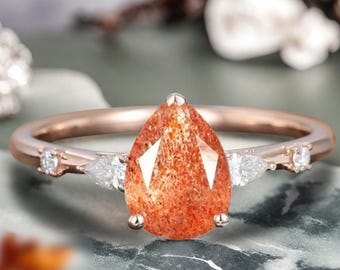 Natural Sunstone Engagement Ring Sunstone Wedding Ring Orange Pear Cut Sunstone Ring Vintage Rose Gold Bridal Promise Ring Gift For Her