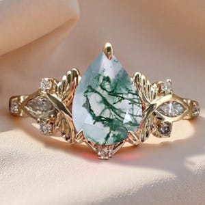 Unique Pear Shape Moss Agate Engagement Ring Vintage Green Agate Wedding Ring Rose Gold Green Agate Bridal Promise Anniversary Gift Ring