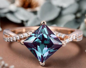 Princess Cut Alexandrite Ring Rose Gold Alexandrite Gemstone Engagement Twisted Ring Vintage Alexandrite Wedding Promise Anniversary Gift