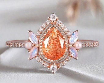 Natural Sunstone Engagement Ring Orange Pear Cut Sunstone Wedding Ring Vintage Moonstone Ring Pearl Bridal Promise Ring Anniversary Gift