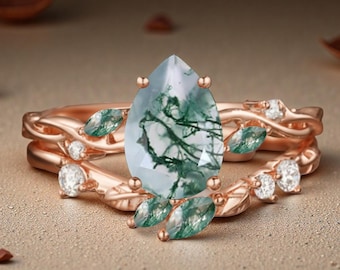 Vintage Pear Shape Moss Agate Engagement Ring Set Unique Rose Gold Green Agate Leaf Ring Gemstone Bridal Wedding Ring Set Anniversary Gift