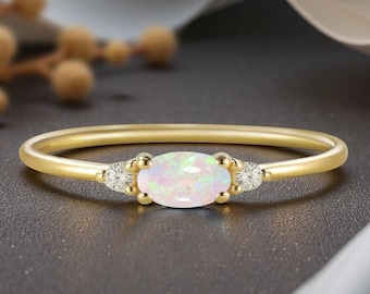Anillo de bodas de ópalo único, anillo de bodas vintage de ópalo ovalado, oro rosa, moissanita, apilable, anillo de compromiso nupcial a juego, regalo de aniversario.
