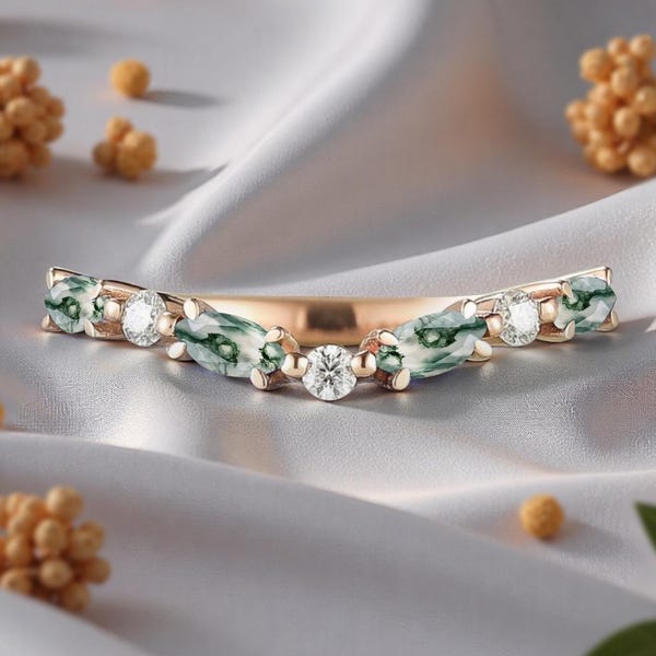 Fede nuziale in agata muschiata taglio marquise, fede nuziale vintage curva in moissanite, anello impilabile in oro rosa, anello di promessa nuziale abbinato, regalo di anniversario