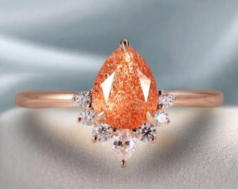 Natural Sunstone Engagement Ring Sunstone Wedding Ring Orange Pear Cut Sunstone Ring Vintage Rose Gold Bridal Promise Ring Anniversary Gift
