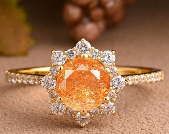 Orange Sunstone Engagement Ring, Vintage Rose Gold, Moissanite Halo