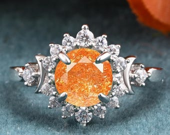 Natural Sunstone Engagement Ring Sunstone Wedding Ring Moon Orange Natural Sunstone Ring Vintage Rose Gold Bridal Ring Ring Gift For Her