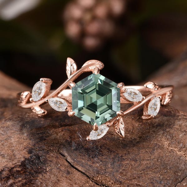 Anello da donna vintage con zaffiro blu-verde taglio esagonale, anello di fidanzamento con zaffiro blu-verde unico, anello di promessa di matrimonio con moissanite e foglia, regalo