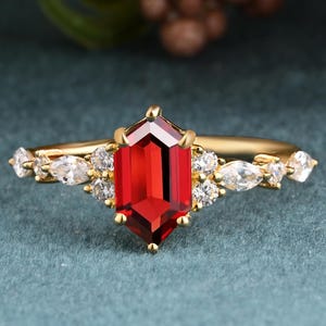 Art Deco Hexagon Cut Ruby Engagement Ring Vintage Unique Ruby Wedding Ring Art Deco Rose Gold Ruby Bridal Promise Ring Anniversary Ring