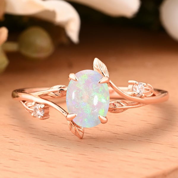 Anello unico con opale taglio ovale in oro rosa, opale bianco, anello di fidanzamento con design a foglia, anello vintage con moissanite, anello nuziale, regalo di promessa e anniversario