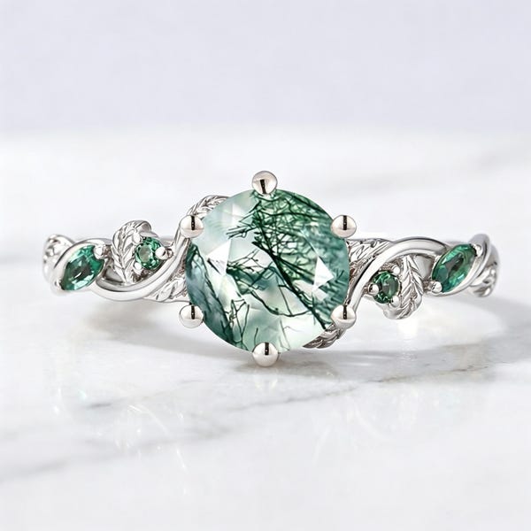 Anello di fidanzamento vintage unico con agata muschiata taglio rotondo, anello nuziale vintage con smeraldo, oro rosa, agata verde, regalo di promessa per anniversario di matrimonio