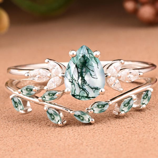 Anello di fidanzamento vintage in agata muschiata da donna, in oro rosa, con taglio a pera, in agata muschiata verde, con foglia, regalo di anniversario di matrimonio