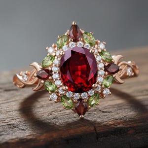 Op de afbeelding: Een roségouden ring met een ovale, dieprode edelsteen in het midden, omringd door kleinere witte, groene en rode stenen. De ring heeft een gedetailleerd, bloemig ontwerp op de band en rond de centrale steen.