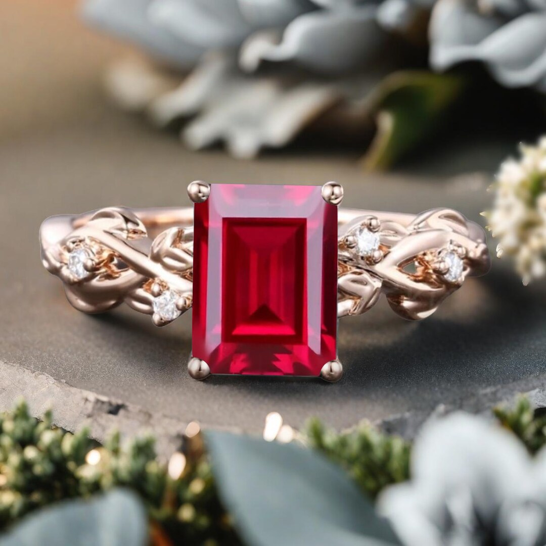 Art Deco Emerald Cut Ruby Engagement Ring Vintage Unique Ruby Leaf ...