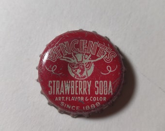 Rare Vincent's Strawberry Soda Vintage Cork Lined Bottle Cap usado Blue Auburn Maine con Stag Deer Graphic