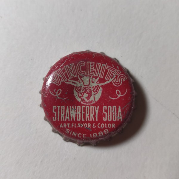 Rare Vincent's Strawberry Soda Vintage Cork Lined Bottle Cap used Blue Auburn Maine with Stag Deer Graphic