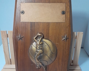 Vintage 1970s Basketball Trophy with Wood Plaque Metal Plate Ready to Customize